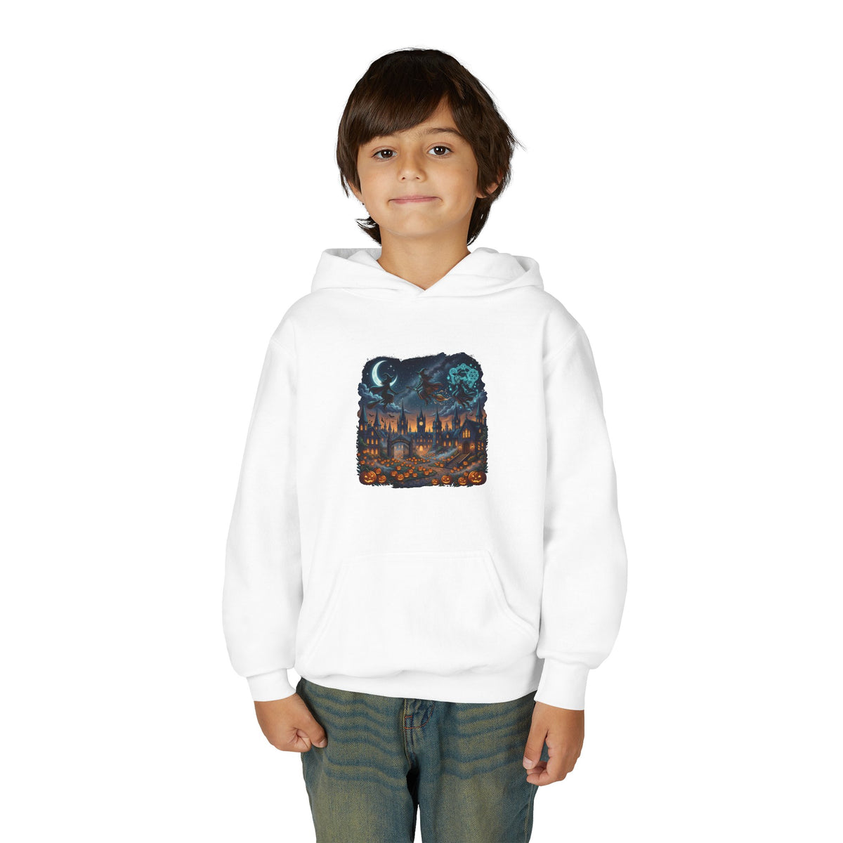 HALLOWEEN Youth Hoodie — Cozy Autumn Cabin Night Illustration