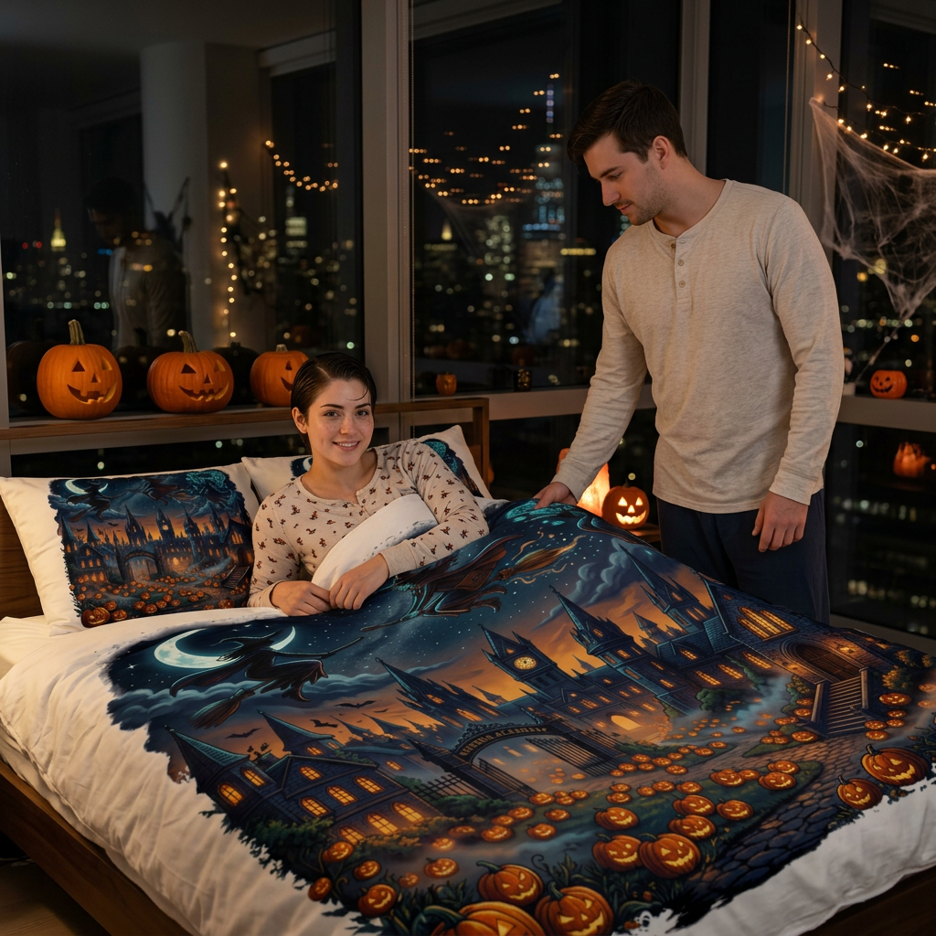 HALLOWEEN Castle Cotton Bed Set — Spooky Pumpkin Night Bedding