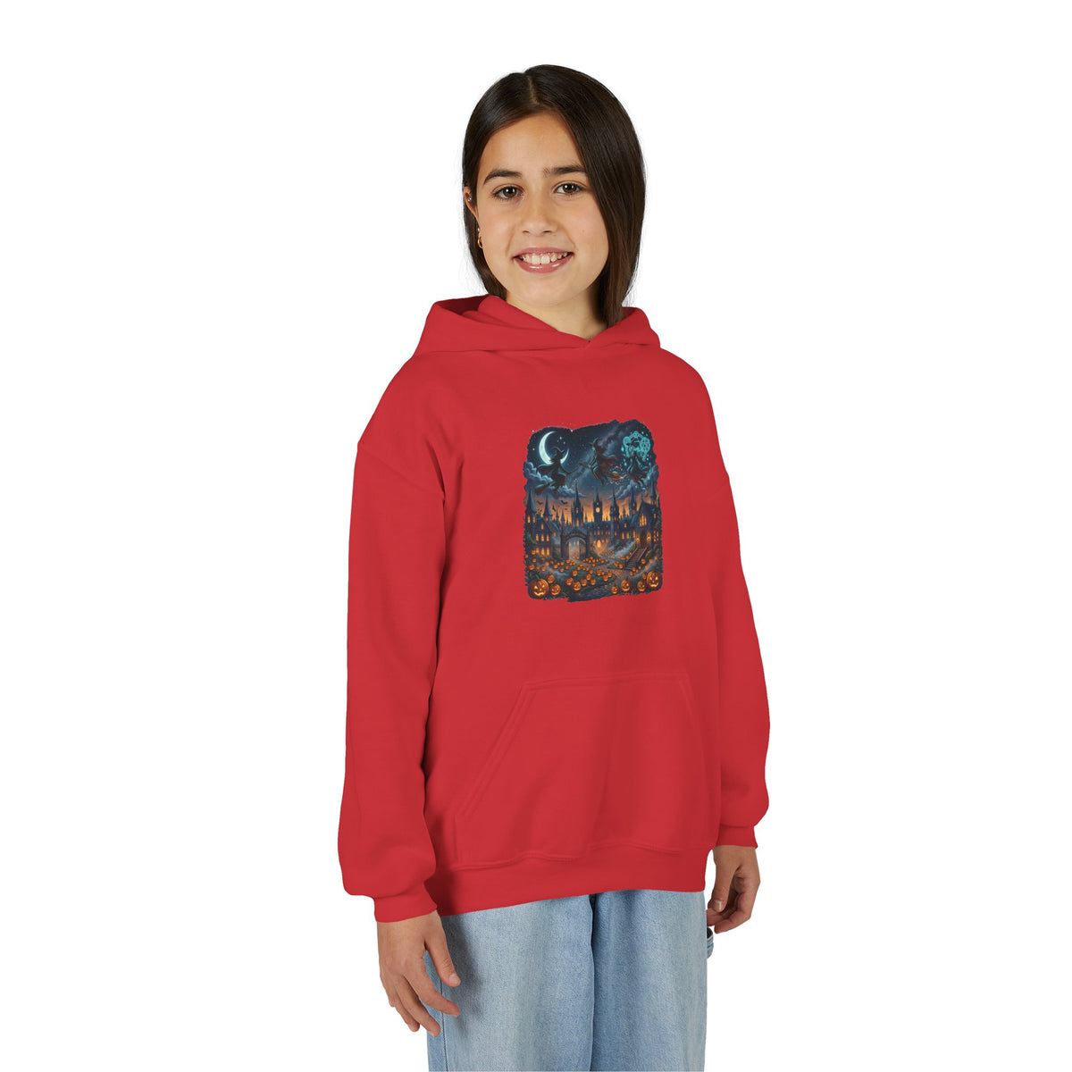 HALLOWEEN Youth Hoodie — Cozy Autumn Cabin Night Illustration
