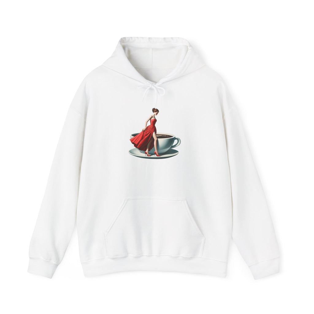 Coffee Date Hoodie — Woman in Red Dress Standing on Teacup Graphic Hoodie